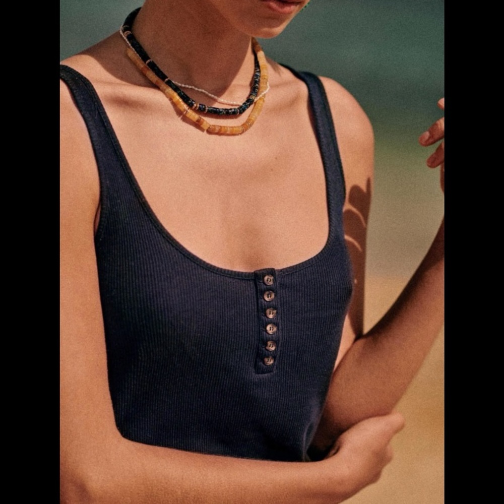 Sezane Navy Blue Kira Ribbed Tank Top Organic Cotton Lyocell Size XS Minimalist - Picture 12 of 12